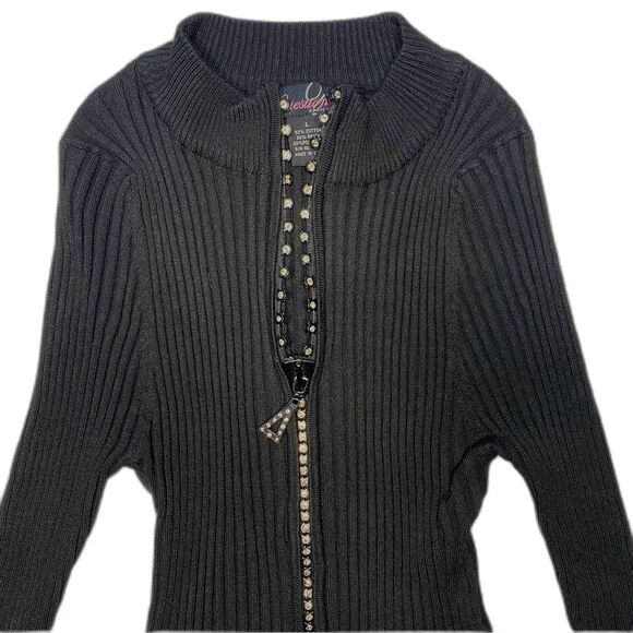 Vtg QUESTIONS Sweater Rhinestone Full Zip Stretch Fitted Ribbed Womens L Black - Picture 2 of 8